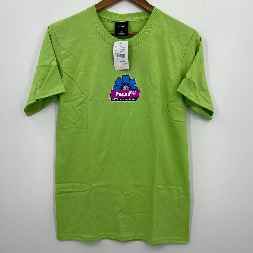 HUF T-Shirt Men's Size S Lime Green Flower Logo Graphic Tee Short Sleeve New NWT